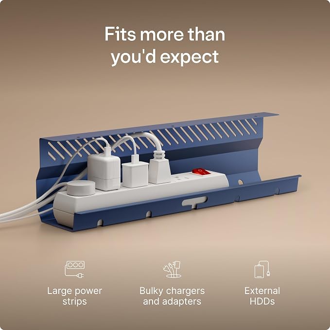 Desktronic Cable Duct Desk Blue Set of 2 - Stainless Steel Cable Management Desk Cable Duct with 5 Cable Cut-Outs - Easy to Install Cable Organiser - Cable Holder