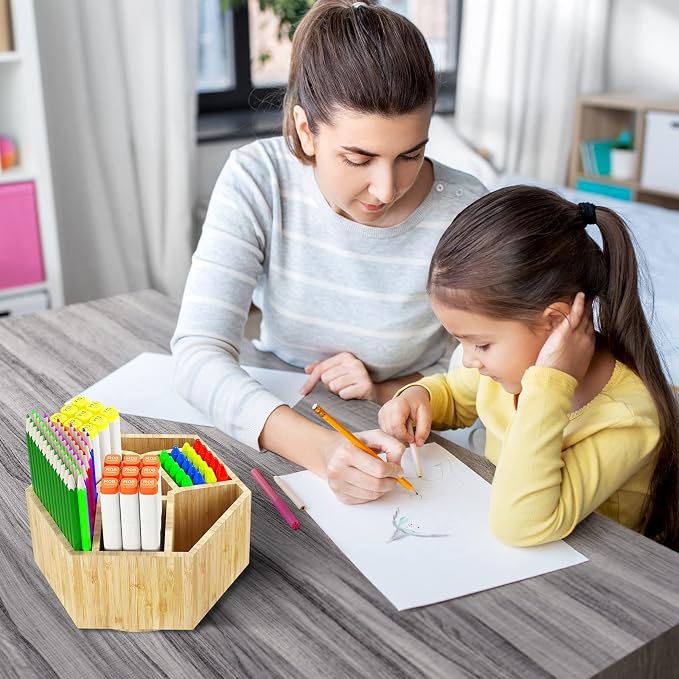 Bamboo Art Supply Organizer,Rotating Pencil Holder Back to School Supplies | Hold 350+ Pencils, for Pen, Colored Pencil, Art Brushes, Desktop Storage Caddy for Classroom & Art Studio