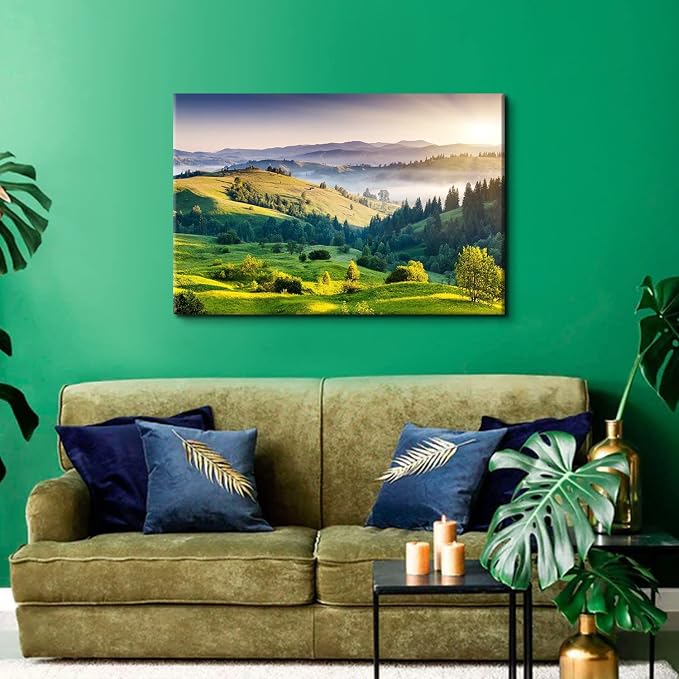 Sunrise Mountain Wall Art Misty Forest Landscape Canvas Picture Living Room Decor 24x36", Modern Large Green Nature Scenery Prints Painting Framed Artwork for Bedroom Bathroom Office Home Decoration