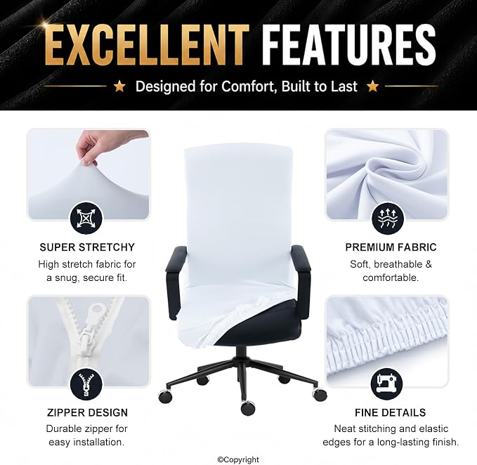 Stretch Computer Office Chair Cover with Durable Zipper - Universal Washable Removable Spandex Rotating Boss Chair Slipcovers - Anti-dust Soft Desk Chair Seat Protector for Dogs, Cats, Pets (White)