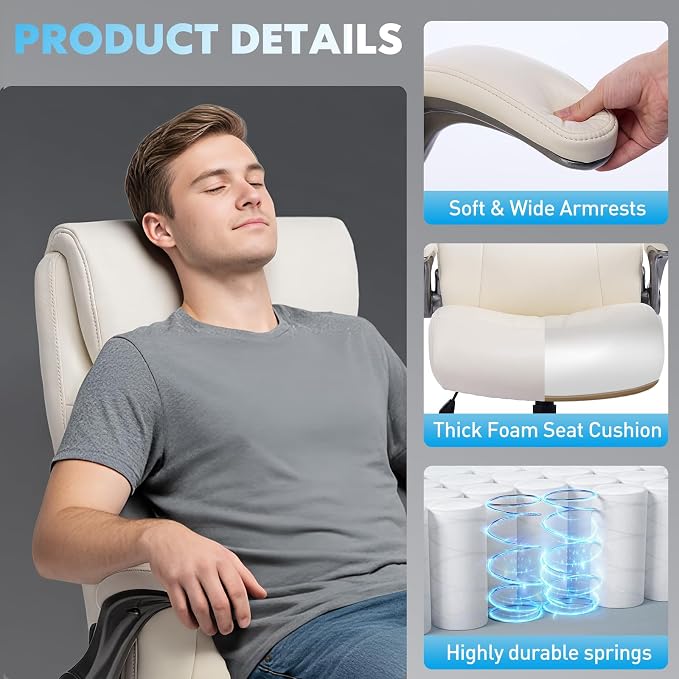 MALOL 300lbs Ergonomic PU Leather Office Chairs, High-Back y Home Computer Executive Chair with Lumbar Support and Flip-Up Arms, Beige