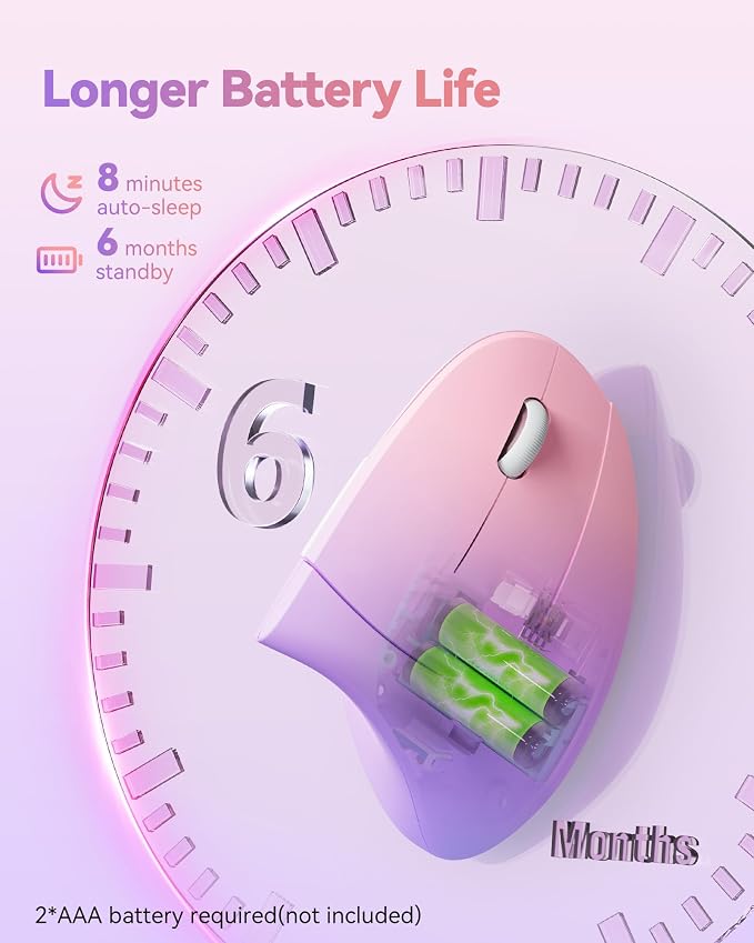 TECKNET 2.4G Ergonomic Mouse Vertical Wireless 4800 DPI Carpal Tunnel Mouse | 5 Adjustable DPI, Optical Tracking, 12 Months Battery, Quiet, 6 Buttons for Laptop, PC, Computer, Right Hand, Pink Purple