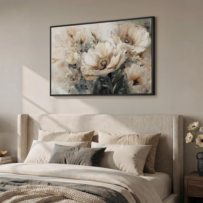 Framed Neutral Floral Wall Art, Botanical Flower Canvas Painting Prints for Modern Farmhouse, Rustic Retro Watercolor Pictures for Living Room Bedroom Dining Room Office Kitchen Wall Decor, 24x36 Inch