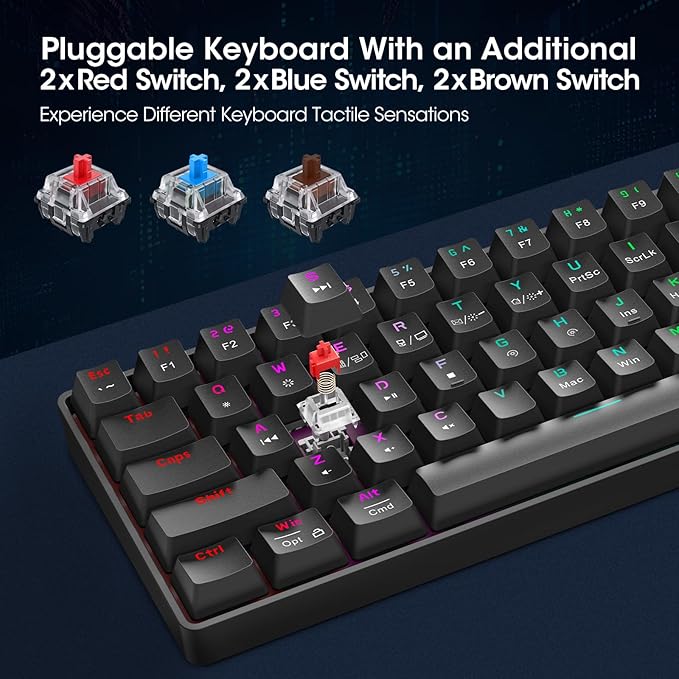 KOORUI 60% Gaming Keyboards, 61 Keys Wired Ultra-Compact Mechanical Keyboard 26 RGB Backlit with Red Switch Mini Keyboards for Windows MacOS Linux