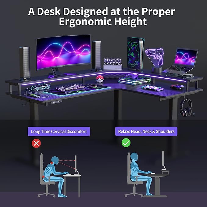 FEZIBO 63"x49" L Shaped Standing Desk with LED Strip & Power Outlets, Height Adjustable Sit Stand Corner Computer Desk with Ergonomic Monitor Stand, Black Top/Black Frame