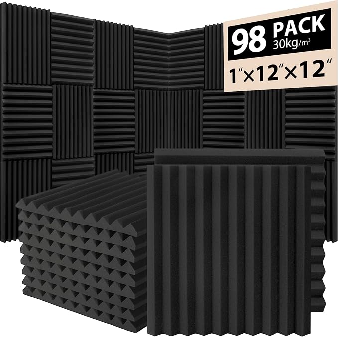 98 Pack Acoustic Foam Panels, 1" x 12"x 12" Sound Proof Foam Panels For Wall Fire Resistant, Noise Cancelling Dampening Sound Absorbing Black Wedge Panels For Studio Recording & Office & Home