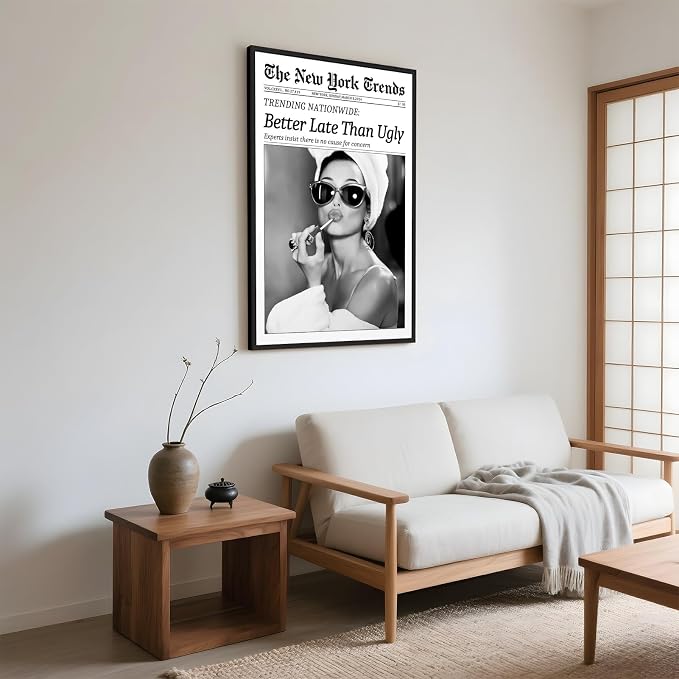 Framed Better Late Than Ugly Wall Decor Vintage Newspaper Wall Art Black and White Fashion Poster Audrey Hepburn Chic Decor New York Trends Glam Quote Canvas Print for Bedroom Bathroom Dorm 16x24inch
