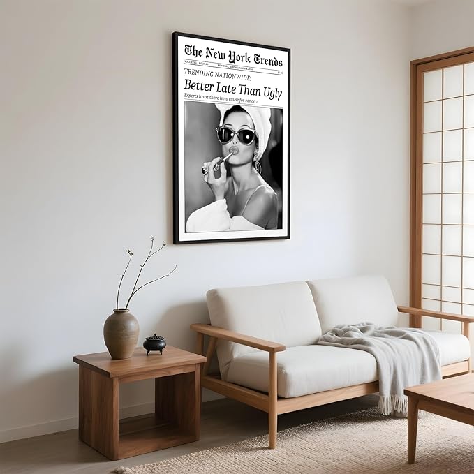 Framed Better Late Than Ugly Wall Decor Vintage Newspaper Wall Art Black and White Fashion Poster Audrey Hepburn Chic Decor New York Trends Glam Quote Canvas Print for Bedroom Bathroom Dorm 8x12inch