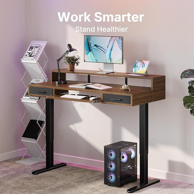 HUANUO 63″ x 26″ Electric Standing Desk with 2 Drawers &24.4″ Large Keyboard Tray, C-Clamp Mount Compatible, Adjustable Computer Desk for Office, Sit Stand Up Desk with 4 Height Presets, Deep Walnut