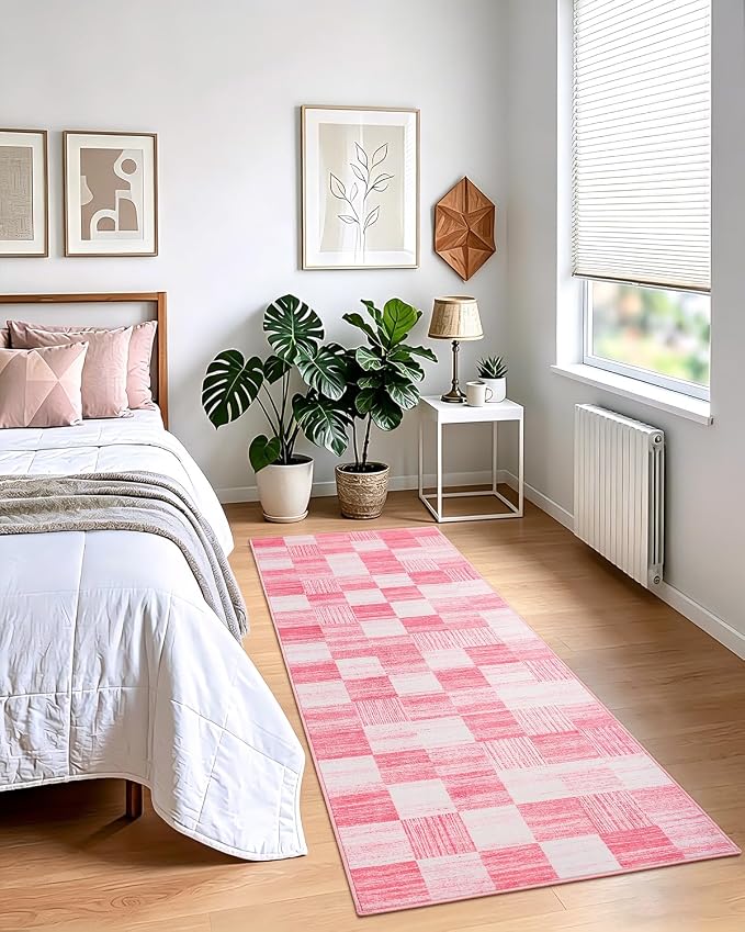 Terrug Pink Runner Rugs for Kitchen, 2x6 Checkered Area Rug Washable with Non Slip for Bedroom, Soft Low Pile Stain Resistance Carpet for Entryway Hallway