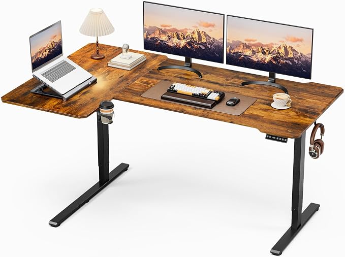 Acrolix L Shaped Electric Standing Desk - 71x43.5 Inch Reversible Corner Sit Stand Desk with Hook&Cup Holder,Electric Height Adjustable Table,for Home Office Gaming&Trading Computer Desk, Rustic Brown