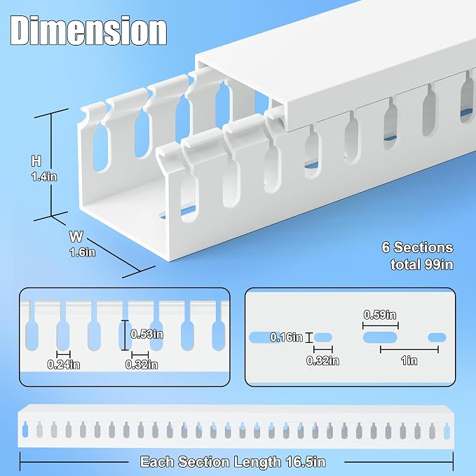 1.4"H x 1.6"W Cable Raceway, 99in Under Desk Wire Management Channel, White | Slotted Wire Duct, 6Pack, 16.5in Each, Heavy-Duty PVC Cable Management for Server Racks, Network Cables & Electrical Cabinets
