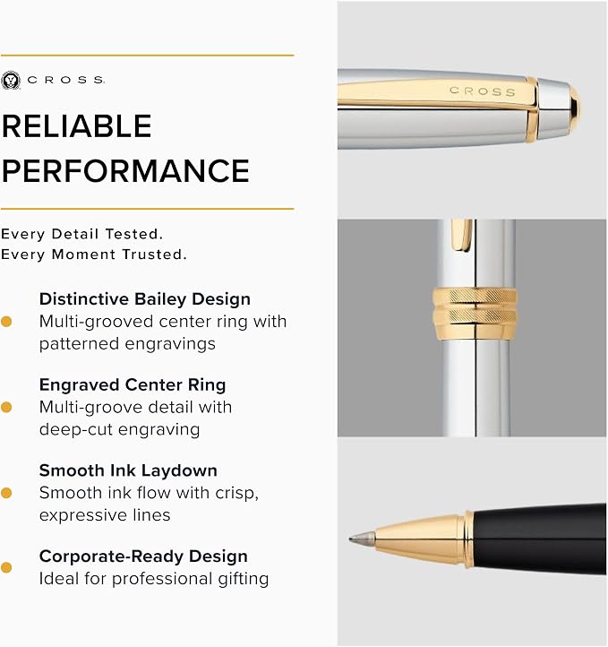 Cross Bailey Refillable Rollerball Pen Presented in a Premium Gift Box - Medium Point, Black Ink, Medalist