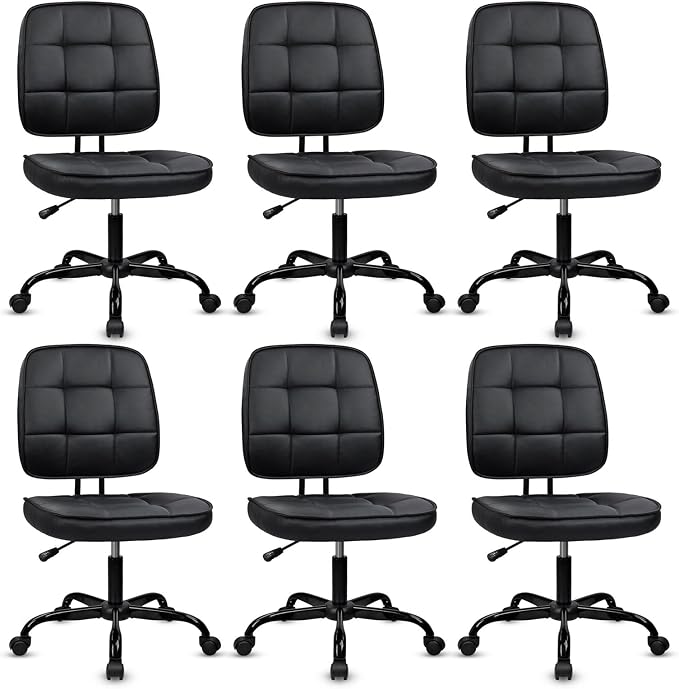 CLATINA Armless Home Office Chair with Lumbar Support and Wheels, Small PU Leather Ergonomic Low Back Desk Chairs No Arms, Adjustable Height 360° Swivel Rolling Computer Task Chair, Black, 6 Pack
