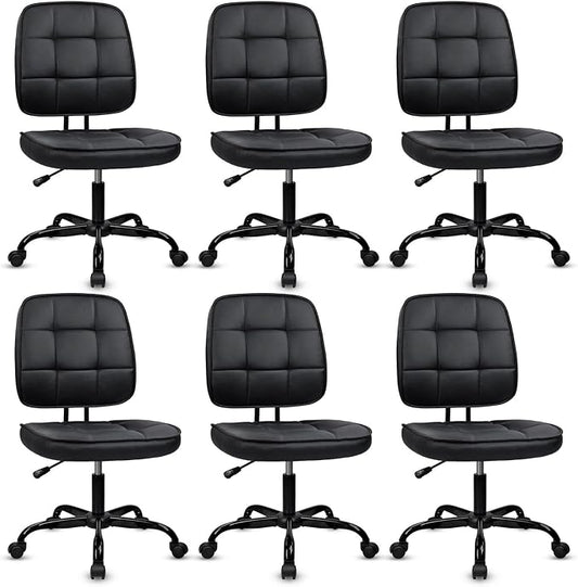 CLATINA Armless Home Office Chair with Lumbar Support and Wheels, Small PU Leather Ergonomic Low Back Desk Chairs No Arms, Adjustable Height 360° Swivel Rolling Computer Task Chair, Black, 6 Pack