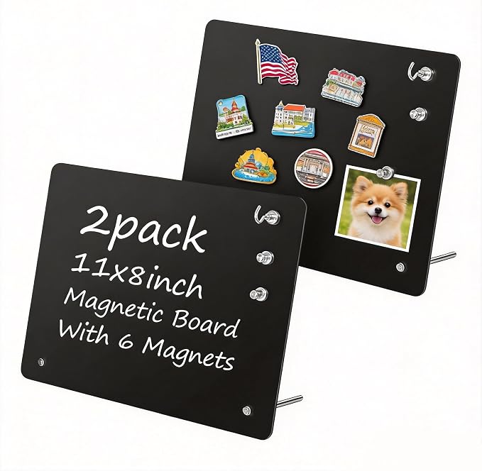 2 Pack Small Magnet Board - Black Magnetic Board | 11x8Inch Metal Magnetic Bulletin Board with 6 Magnets, Magnet Display Stand for Home School Kitchen Office