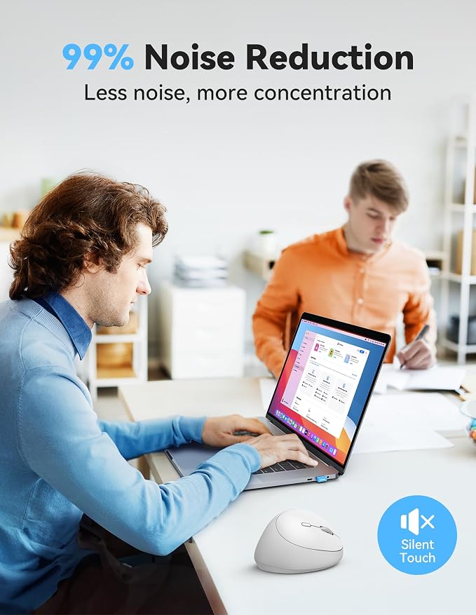 TECKNET Ergonomic Wireless Mouse 2.4G Vertical Mouse Silent 4800 DPI | 5 Adjustable DPI Levels, 6 Buttons, Compatible with Laptop, PC, Chromebook, Mac - Light White