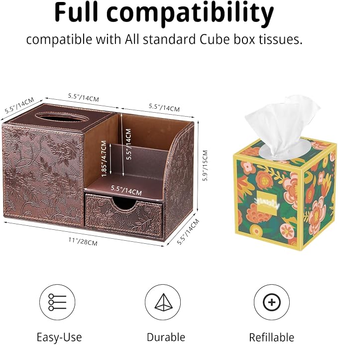 Nightstand Organizer with Tissue Holder,PU Leather Square Tissue Box Cover | Modern Facial Paper Organizer Storage Box for TV Remote Control,Bathroom,Vanity Countertop,End Table,Home and Office Decor
