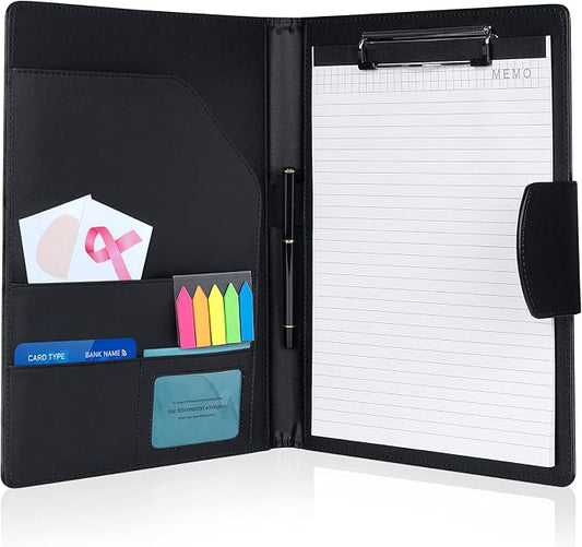 Agoer Padfolio Clipboard Folder, Leather Portfolio Organizer Binder with Magnetic Closure Cover for Interview Resume Office Conference,Business Portfolio Included Letter Sized Paper & Pen & Sticky Tab