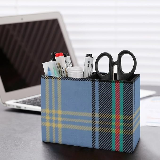 BELL OF THE BORDERS TARTAN PU Leather Pen Holder Desk Organizer, 2-Compartment Pencil Container for Office, Home, Vanity Use