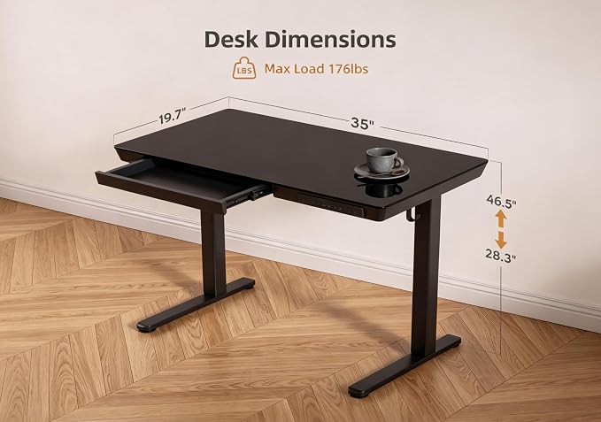 Claiks Small Glass Standing Desk with Drawers & USB Ports 35x19 Black | 3 Steps Quick Install, Buil in Drawer, USB Ports, Ultra White One-Piece Glass Top, Writable Top