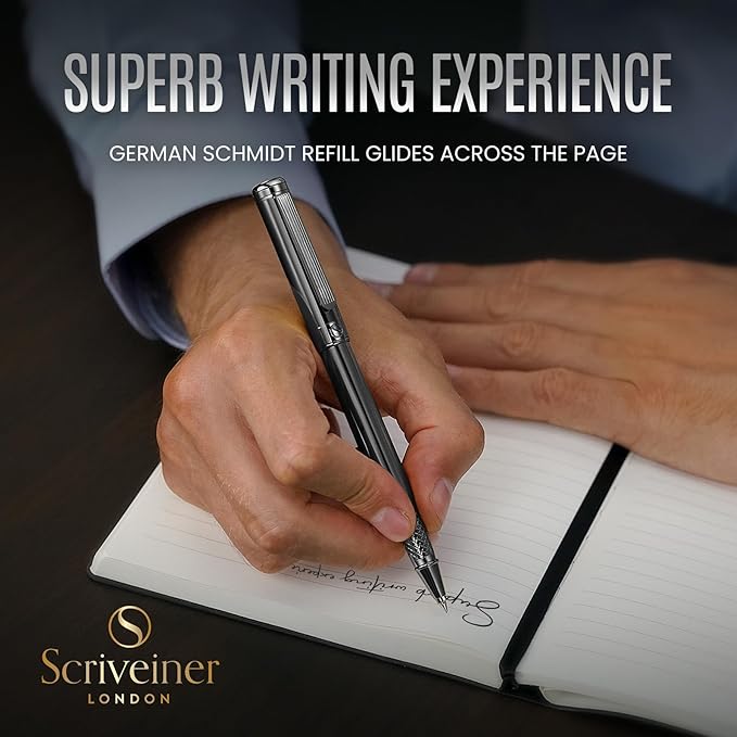 Scriveiner Gun-Metal Rollerball Pen - Stunning Luxury Pen, Schmidt Ink Refill, Best Roller Ball Gift Set for Men & Women, Professional, Executive Office, Nice Pens