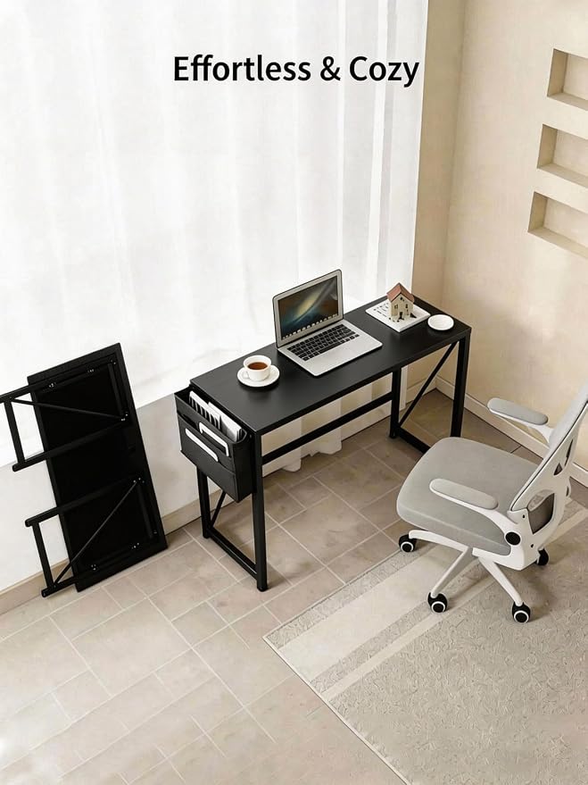 Modern Foldable Writing Computer Desk with Storage Bag, No-Assembly Study Office Desk Foldable Table for Small Spaces, Home Office (Black, 39.4 inch)