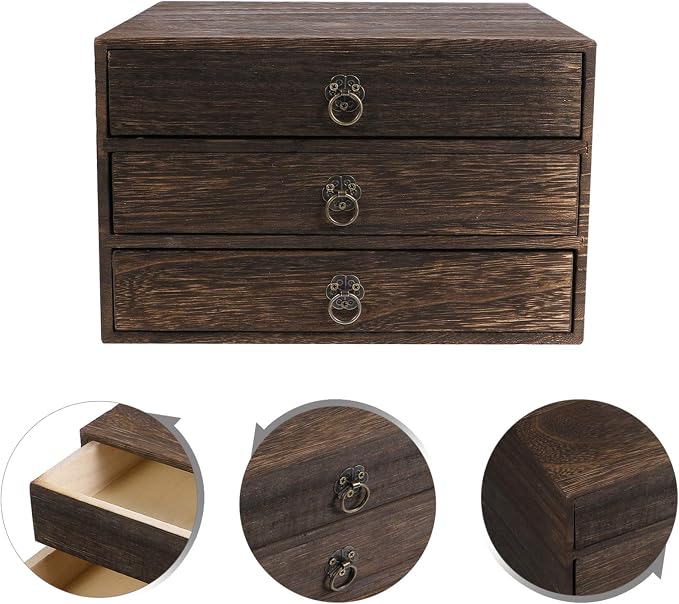 Cabilock Solid Wood Desktop Drawer Organizer Vintage Retro Desk Drawer Box with Pull Ring Counter Top for Office Supplies Home Desk Storage 10.03 X 9.64 X 6.49 Inches