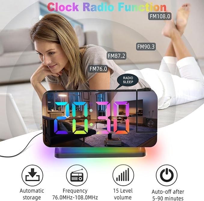 Projection Alarm Clock for Bedroom Ceiling,RGB Digital Clocks Radio with | 10 Colors RGB Night Light,Loud Alarm Clock for Heavy Sleepers,USB C Charger Port,Snooze,12/24H,Auto Dimming