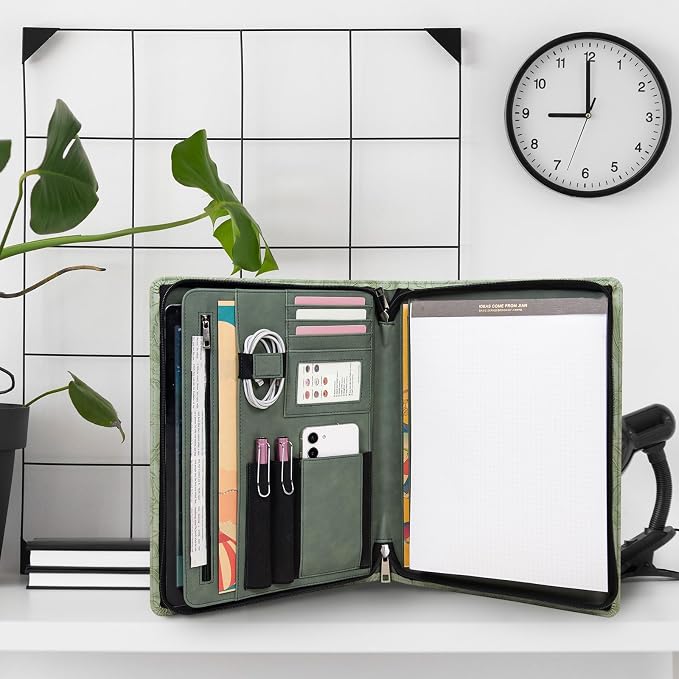 Calfinder Vegan Leather Portfolio with Zipper, Professional Business Padfolio with A4 Writing Pad Holder, Green Christmas Gifts, Resume Folder for Men and Women (Light Green, Customized)
