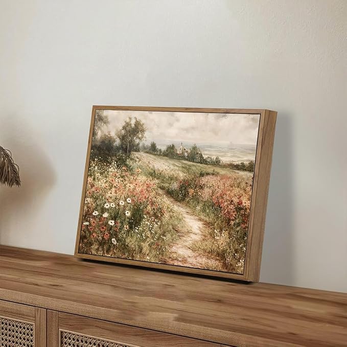 OIQArtOIQ Framed Canvas Wall Art,Vintage Decor,Landscape Nature Country Wildflower Paintings Cottagecore Pictures Modern Artwork Rustic Fall Flower Prints Farmhouse Office Living Room Bedroom Bathroom