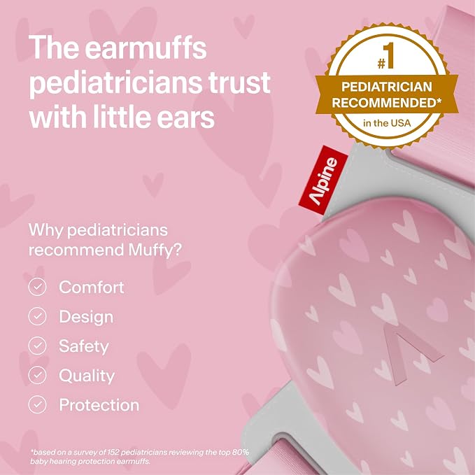 Alpine Muffy Baby Comfort - Protects Hearing for Babies and Toddlers - CE & ANSI Certified - Headband for Safe fit & Comfort - Adjustable for Ages 3-48 Months - 24dB Sound Reduction, Hearts