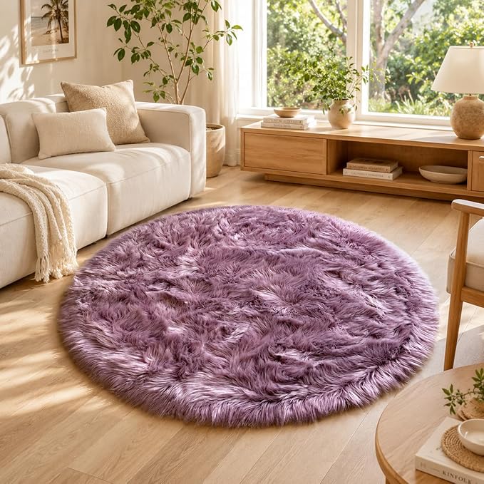 EasyJoy Faux Sheepskin Rug, Fluffy Faux Fur Rug, Ultra Soft Shag Area Rug with Non-Slip Backing for Bedroom, Living Room, Nursery, Kids Room(4 x 4 ft Round, Light Purple)