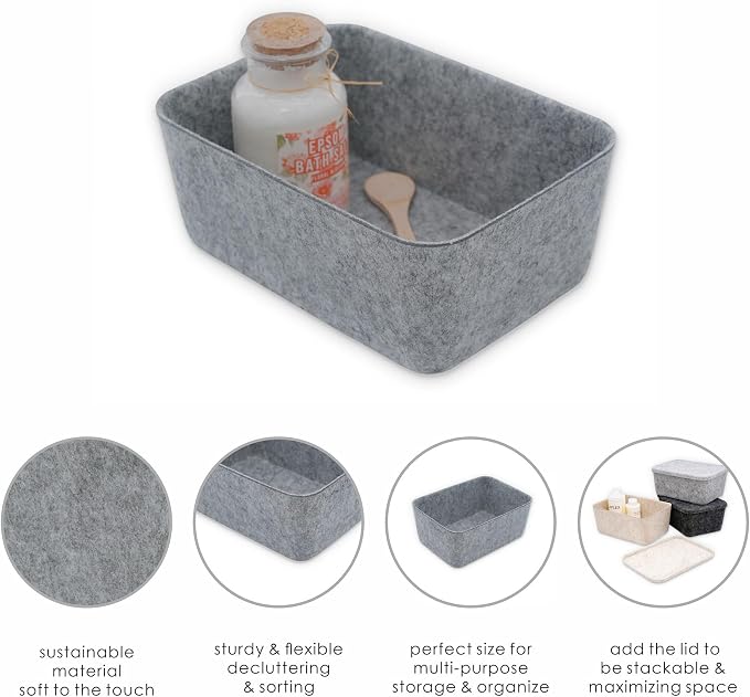 Felt deep Storage Bins lidded Drawer Organizer Caddy for junk stuff stationery makeup jewelry closet bathroom minimalist lifestyle (Gray Bin, S)
