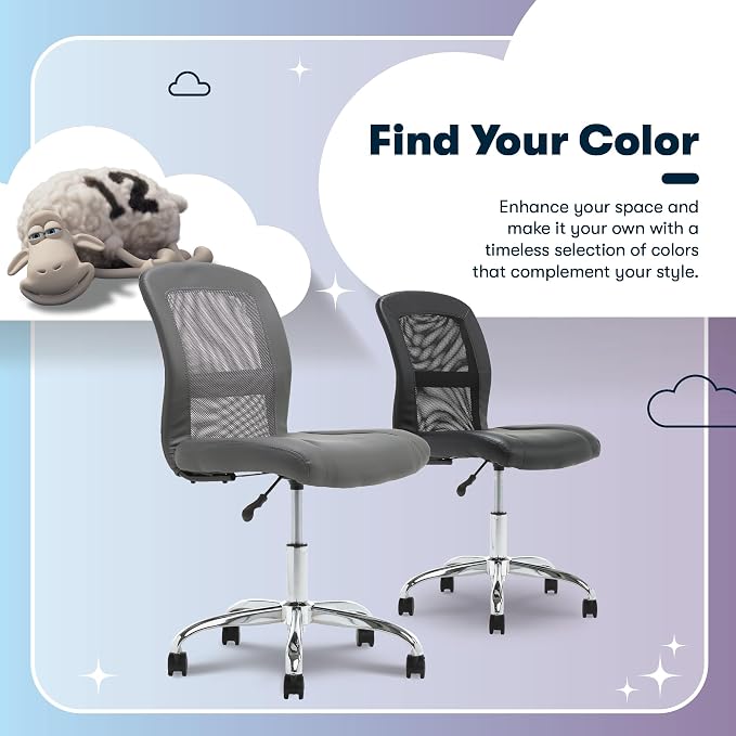 Serta Armless Small Home Desk Chair with Wheels, Ergonomic Mesh Back Chair | Leather & Foam Cushion Seat, Adjustable Height, Small Vanity Chair for Bedroom & Small Spaces, Home Office Desk Chair, Gray