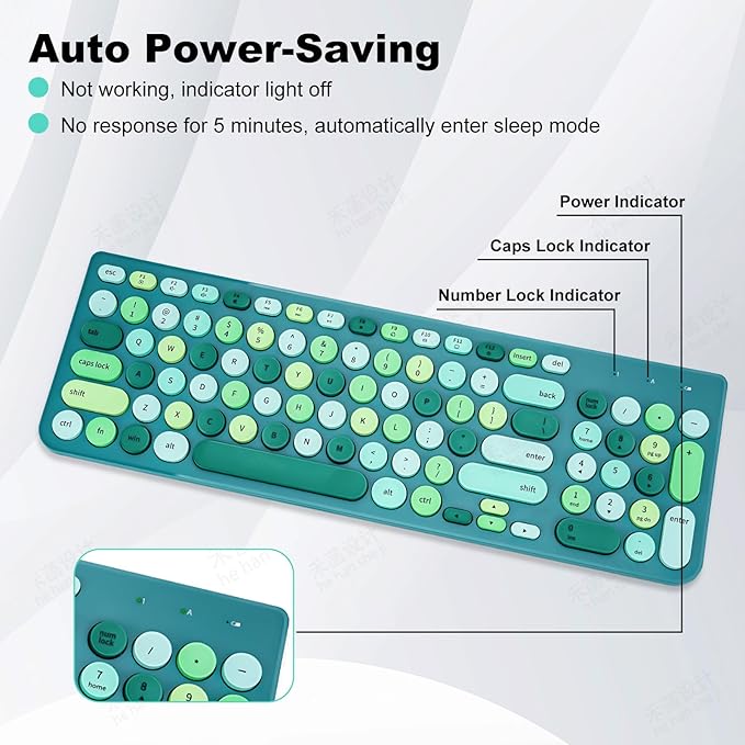Wireless Keyboard and Mouse Combo, Retro Typewriter Keyboard with Round Keycaps, 2.4GHz USB Cute Wireless Keyboard Mouse for Computer, Desktop (Green)
