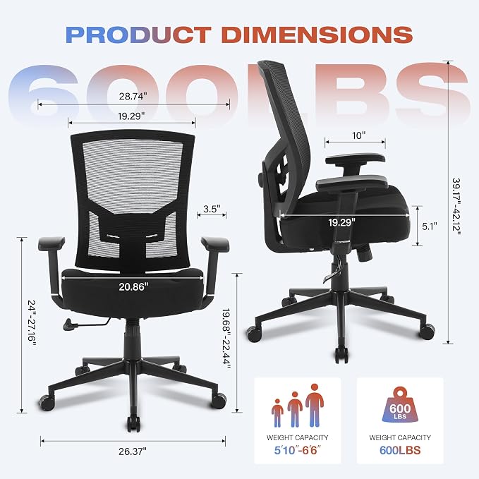Big and Tall Office Chair 600lbs with Lumbar Support for Eight Hour Daily Work Ergonomic Mesh Desk Chair Widen 3D Cushion for Reading, Gaming