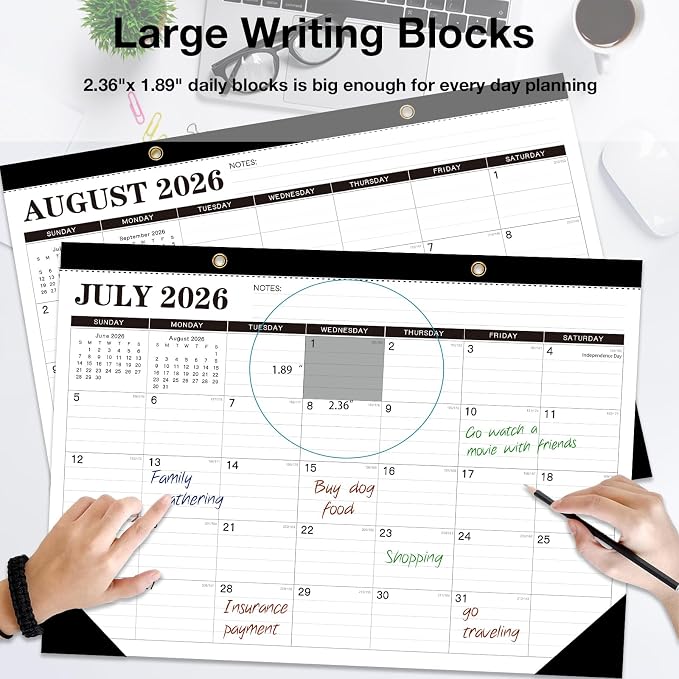 2026-2027 Desk Calendar - 18 Month Desk Calendar 2026-2027, Jul 2026 - Dec 2027, 17" x 12", Large Monthly Desktop Calendar with Daily Blocks, Thick Paper, Corner Protectors - (2 Stickers Included)