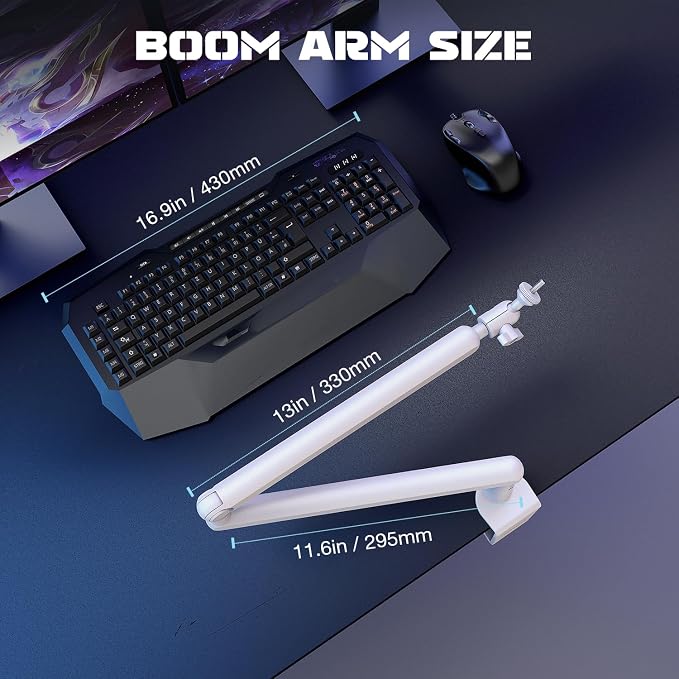 FIFINE Boom Arm Mic Stand, Low Profile Microphone Arm Stand, Podcast Mic Boom Arm with Desk Mount, Cable Channels Management, Metal Boom Arm White for Recording/Streaming/Gaming/Home Office-BM88W