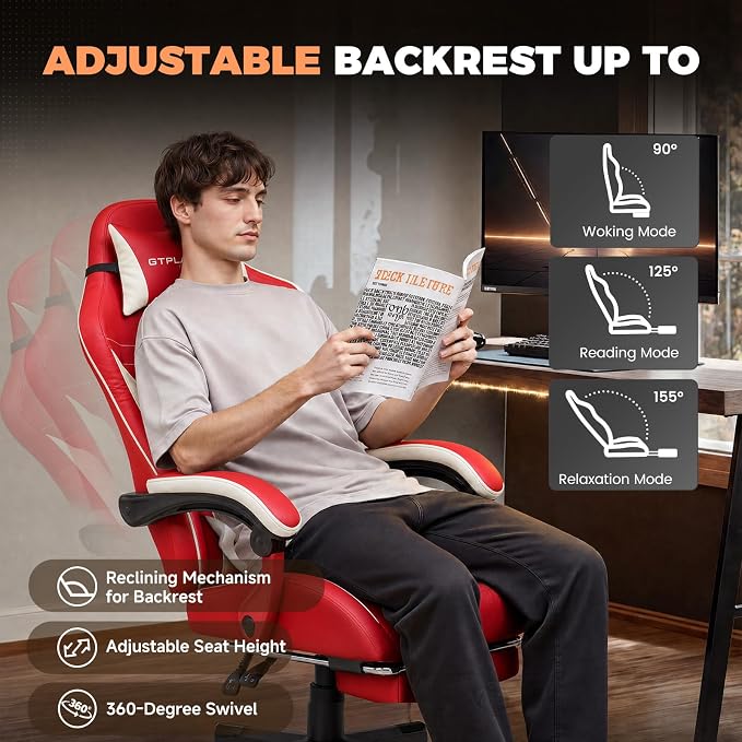 GTPLAYER Gaming Chair with Footrest, Ergonomic Office Chair 400lbs Heavy Duty, Big and Tall Computer Desk Chair with Lumbar Support and Headrest, Faux Leather 90-155° Recline Red
