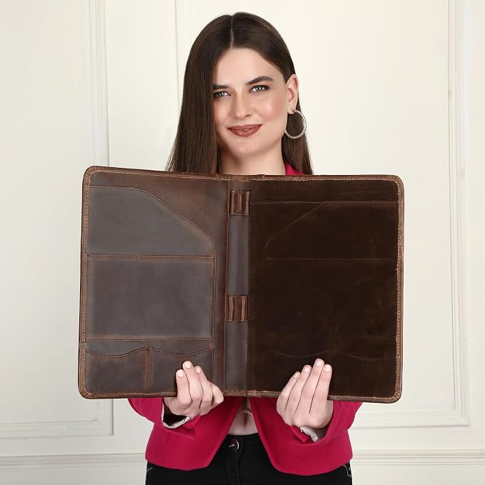 Leather Portfolio Organizer Professional Leather Padfolio for Men and Women A4 Document Folder Resume Holder Legal Pads 8.5 x 11 Padfolio Executive Writing Pad and Document Organizer Brown