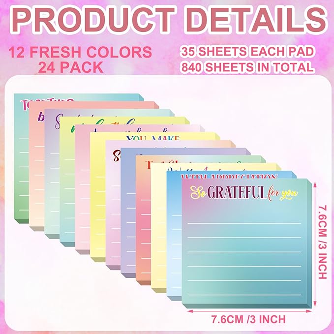 Yinder 24 Pcs Inspirational Sticky Notes Thank You Gift Motivational Sticky Note Pad Employee Appreciation Gift Bulk for Staff Coworker Teacher Nurse Office Groups 3 x 3'' (Thankful,Classic Color)