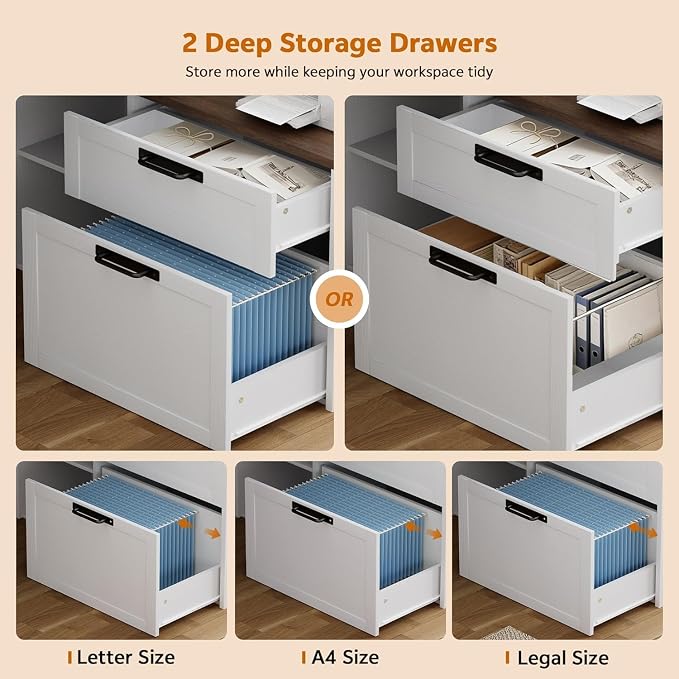 67" L Shaped Standing Desk with Drawers, Electric Height Adjustable Corner Desk, Sit Stand Office Desk with 4 AC Outlets & Type C Port, Executive Computer Desk with Cabinet, Brown & White