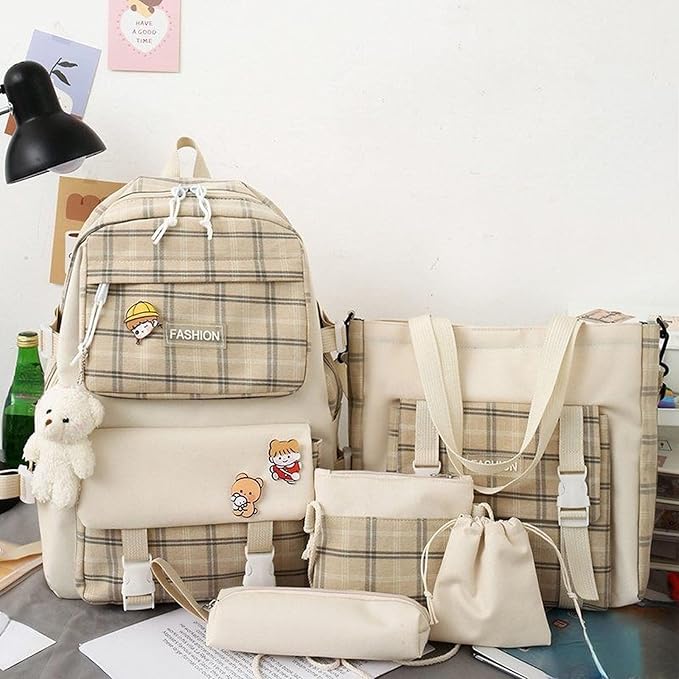 Aobiono 5Pcs Kawaii Plaid Backpack Set Aesthetic Preppy Cute Check with Pins Bear Pendant Light Academia School Supplies Kit