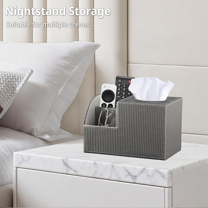 Square Tissue Box Cover with Storage, PU Leather Facial Cube Tissue Holder | TV Remote Control Holder, Desk Accessories Nightstand Organizer, Modern Table Caddy for Bathroom, Bedroom, Home, Office Decor
