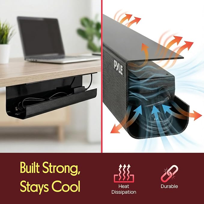Pyle 2-Pack 17" Under Desk Cable Management Tray, Under Desk Cable Organizer with Adhesive Mount, Wire Management Under Desk for Home Office & Gaming Setup, Durable Plastic, 20 lb Capacity, Black