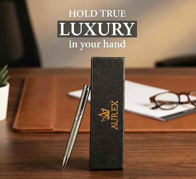 AUREX Luxury Dark Ballpoint Pen – Metal Retractable Pen with Twist Mechanism, Wave Body Design, Gift Box & Blue + Black Ink – Professional Writing Instrument
