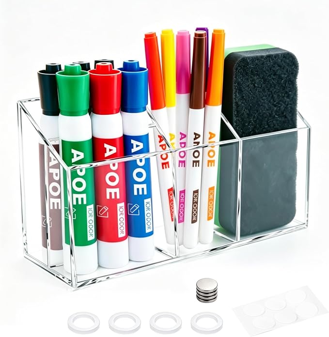 Magnetic Dry Erase Marker Holder for Whiteboard: Clear Pen Holder Organizer | Acrylic Pencil Cup with Strong Magnets for School Locker Organization Fridge Refrigerator Classroom Storage Caddy Desk