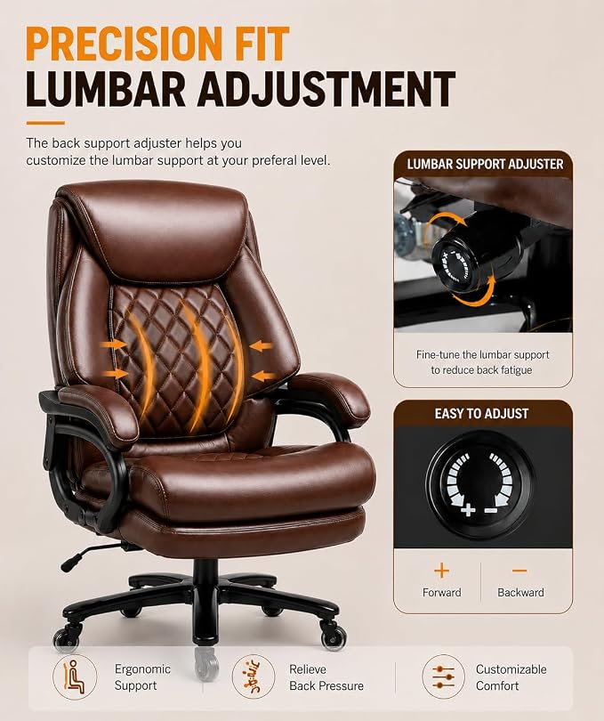Big and Tall Executive Office Chair with Adjustable Lumbar Support, Extra Wide Seat, Heavy Duty Computer Desk Chair for Long Working Hours, Gaming & Home Office, Quiet Rolling Wheels