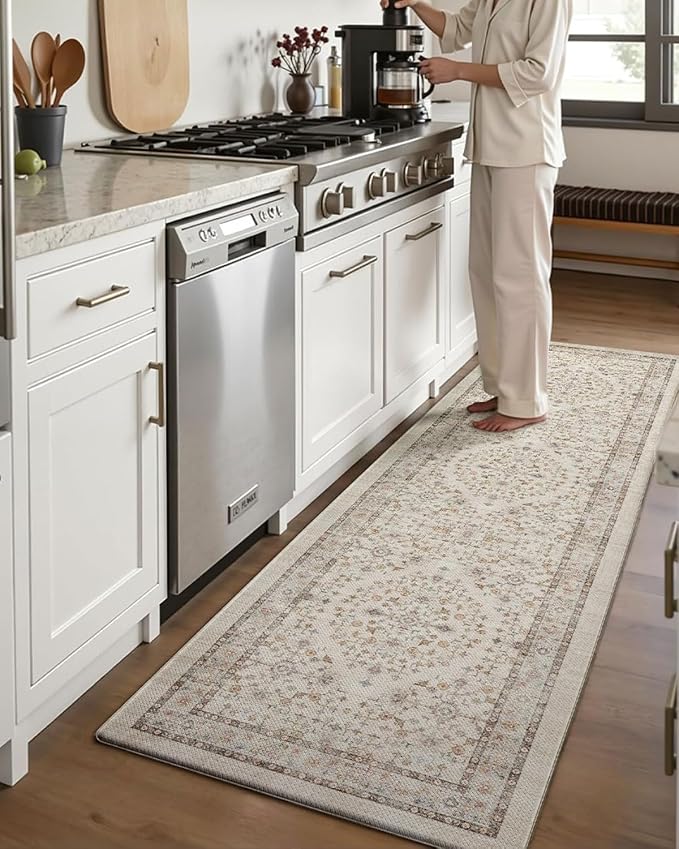 DEXI Kitchen Floor Mats Cushioned Anti Fatigue, 23x59 Rubber Standing Comfort Runner Rug, Waterproof Retro Floral Memory Foam Padded for Front Sink Laundry, Beige/Ivory